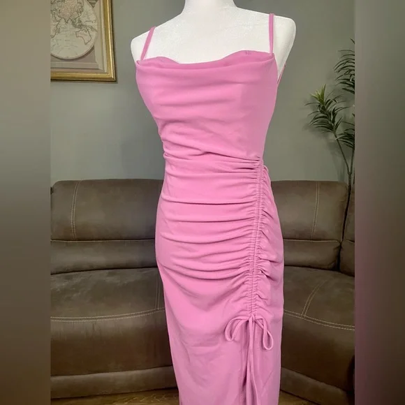 NWOT Pink Cowl Neck Ruched Dress Sz S Spring Summer Easter Wedding Vacation - Picture 7 of 8